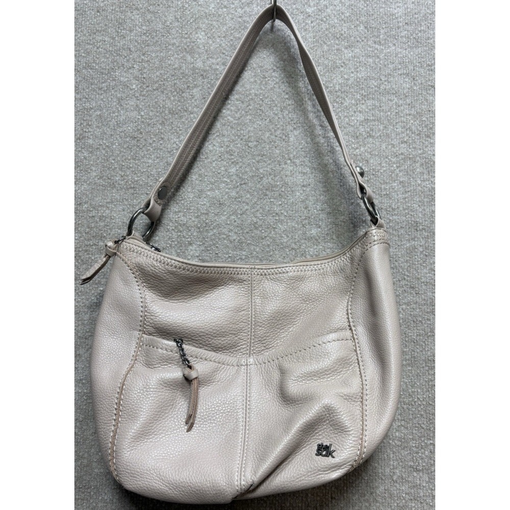 Sak Women's Purse Beige Tote Pebbled Leather Perforated Shoulder Handbag GUC